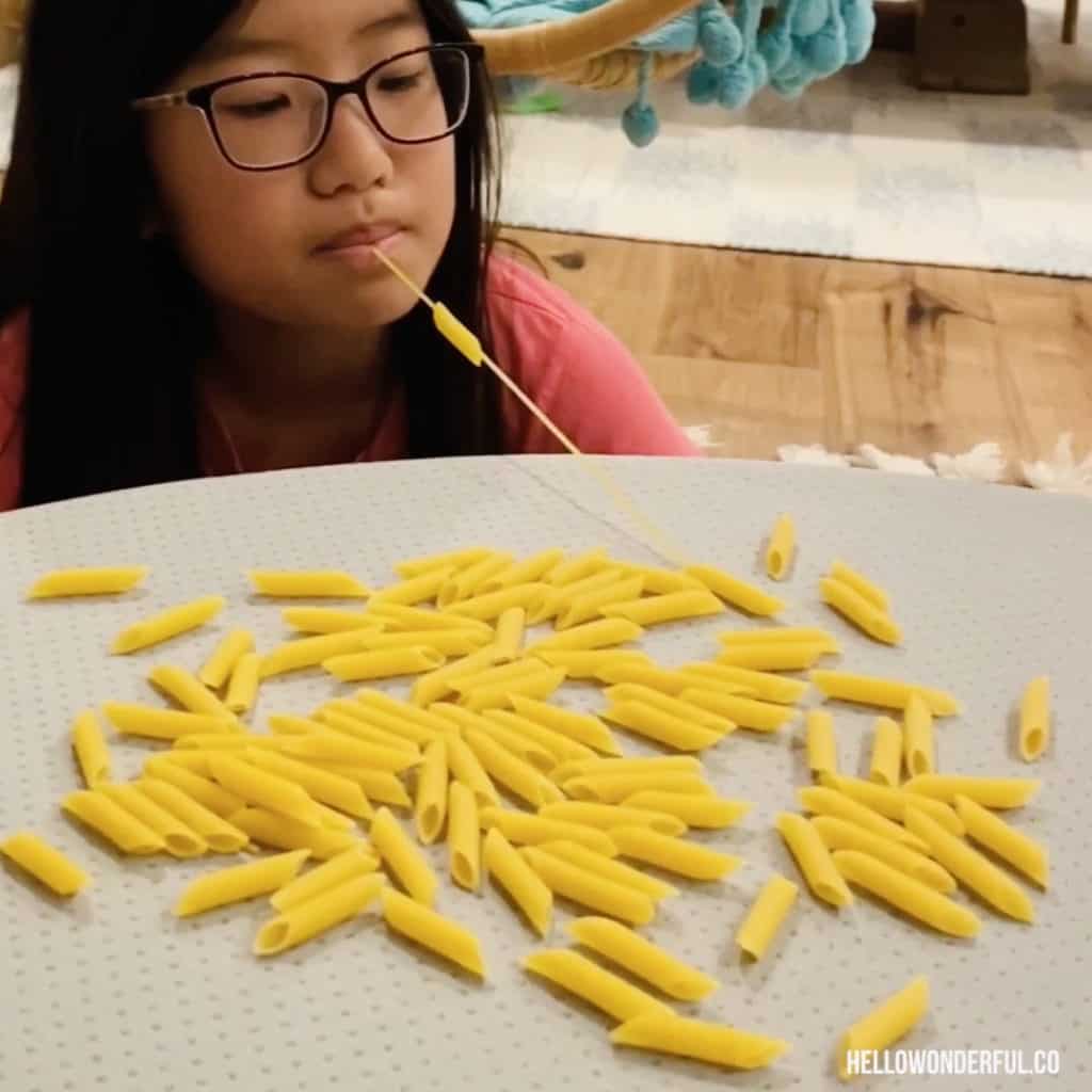 Minute to Win it Games for Kids. Thread the Pasta.