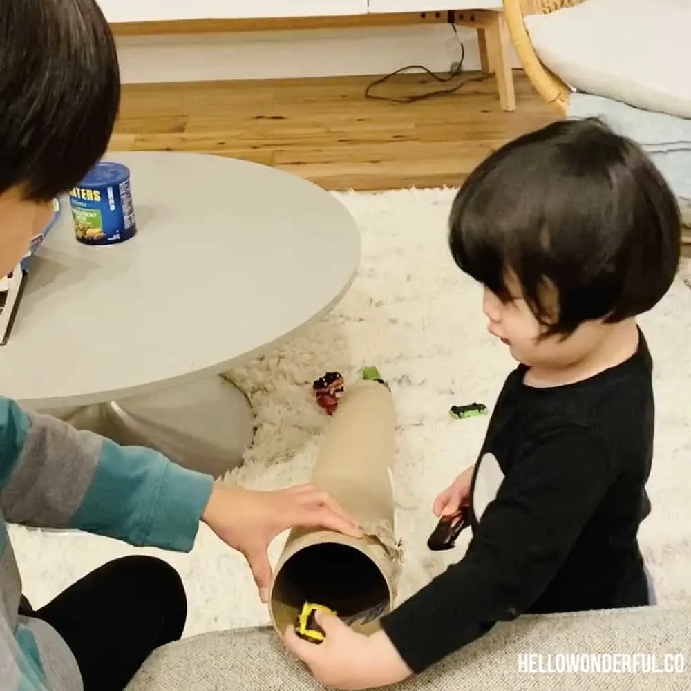 Paper Tube Car Ramp. Easy Indoor Activities for Kids. 