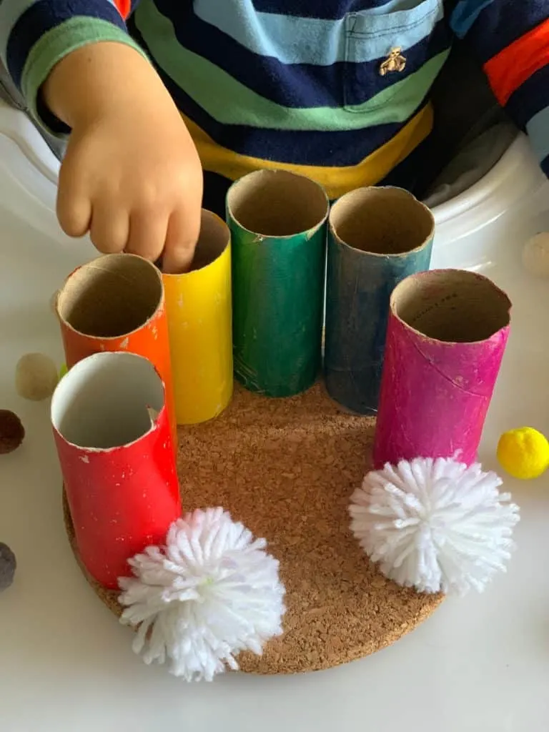 This Rainbow Pom Pom Drop Toddler Fine Motor Skills Activity 