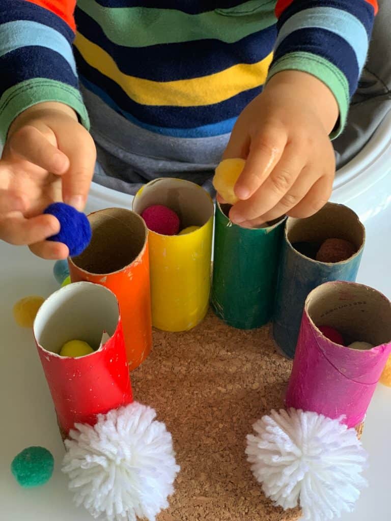 This Rainbow Pom Pom Drop Toddler Fine Motor Skills Activity 