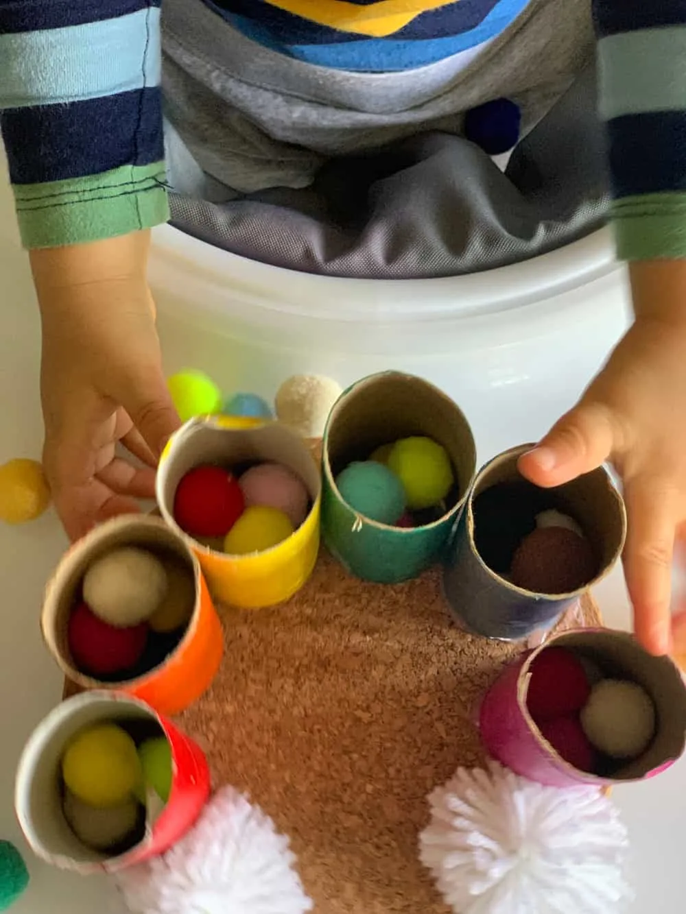 Paper Tube Rainbow Pom Pom Drop Toddler Fine Motor Skills Activity 