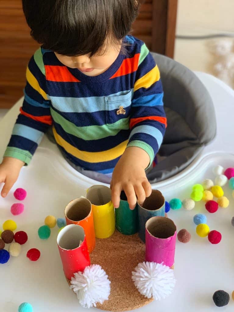 This Rainbow Pom Pom Drop Toddler Fine Motor Skills Activity 