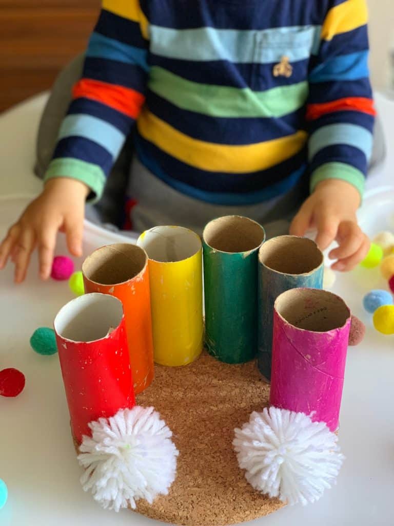 Paper Tube Rainbow Pom Pom Drop Toddler Fine Motor Skills Activity 