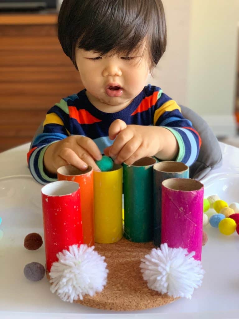 This Rainbow Pom Pom Drop Toddler Fine Motor Skills Activity 