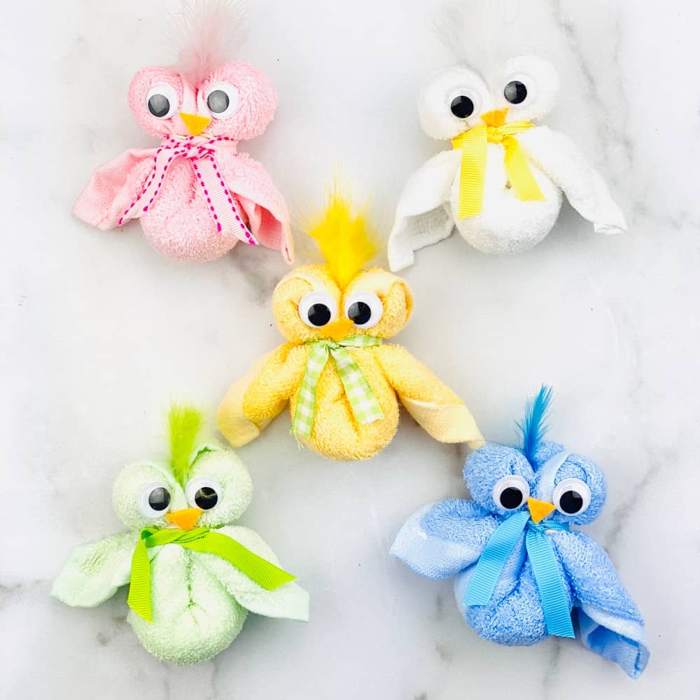 These adorable Easter chicks made of towels are a cute craft kids can make!