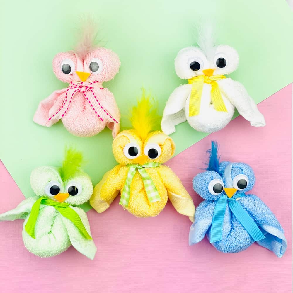 These adorable Easter chicks made of towels are a cute craft kids can make!