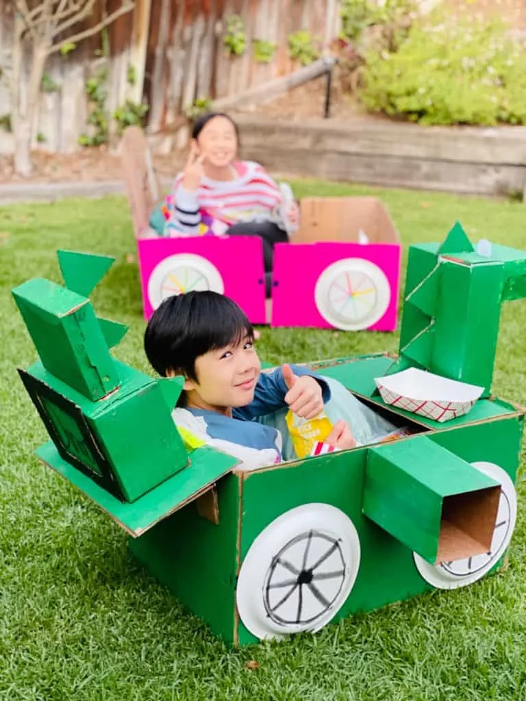 dinosaur cardboard car for outdoor movie night 