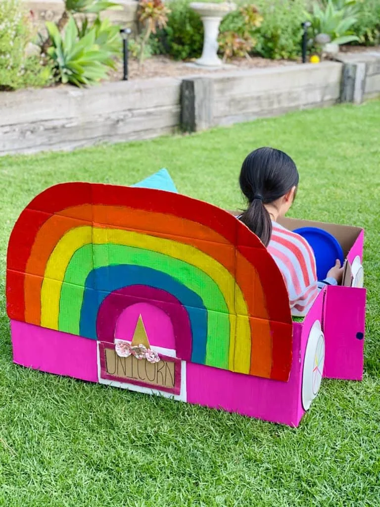 rainbow unicorn cardboard car for outdoor movie night 