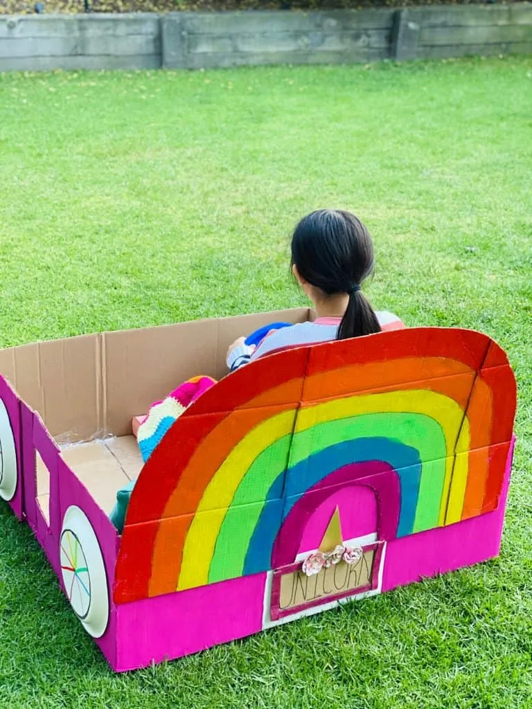 rainbow unicorn cardboard car for outdoor movie night 