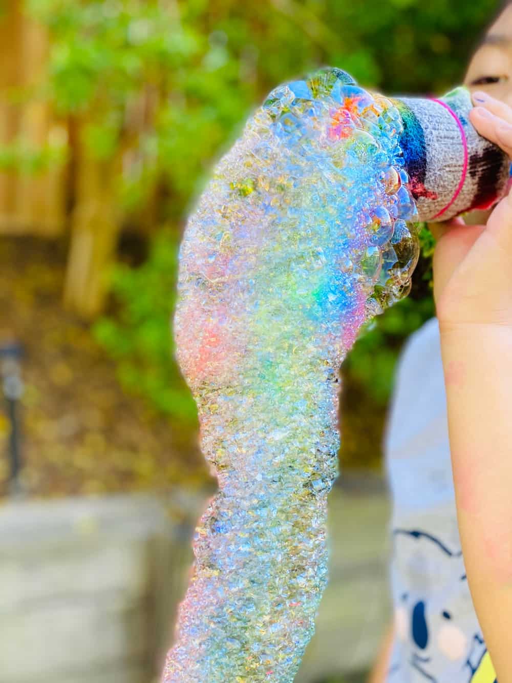 how to make rainbow bubbles with a bottle and sock 