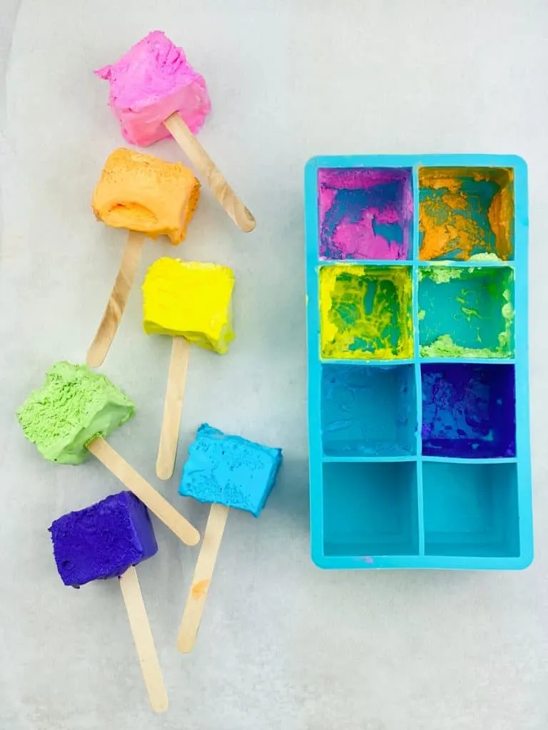 edible paint for toddlers and babies made of Cool Whip and silicone ice cube mold. 
