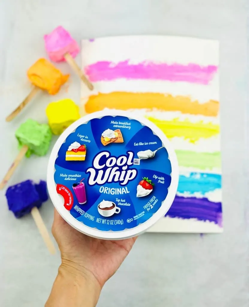 two ingredient taste safe paint made with Cool Whip. Shows Cool Whip container upfront