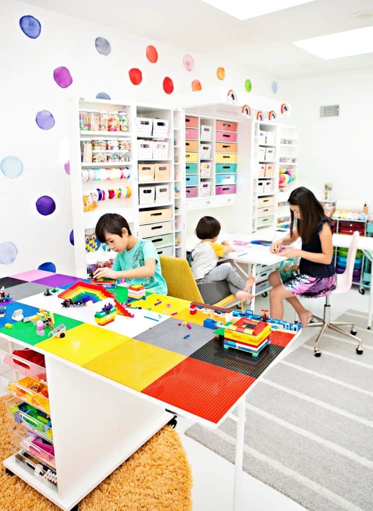 DIY LEGO Table shown in a kids craft room 