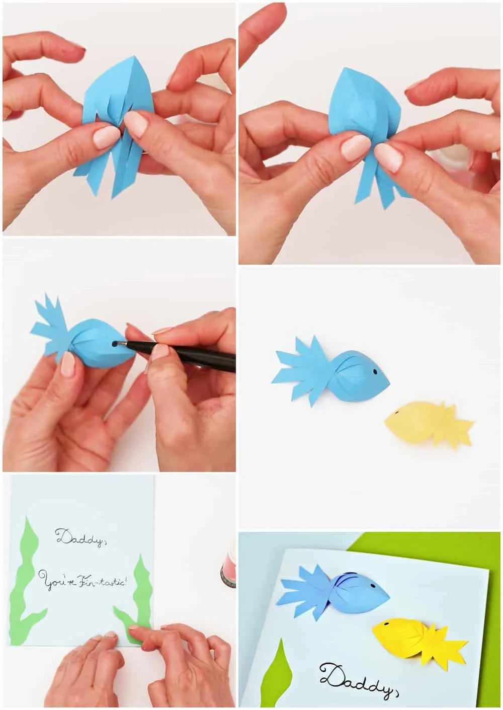 Process photos of how to make 3D paper fish for a father's day card