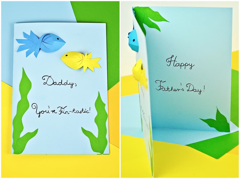 Father's Day Fish Card kids can make with showing blue and yellow paper fish. Free printable template included. 