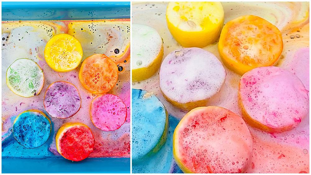 how to set up rainbow lemon volcano science experiment with kids