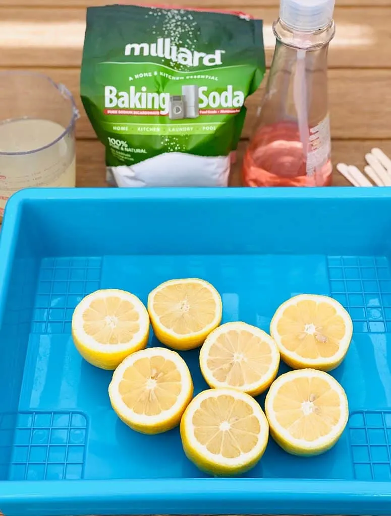 cut lemons, baking soda, dish soap to make lemon volcanoes