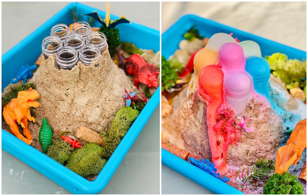 Rainbow Baking Soda Volcano Experiment. Sand around tubes as the volcano in a blue plastic bin. 