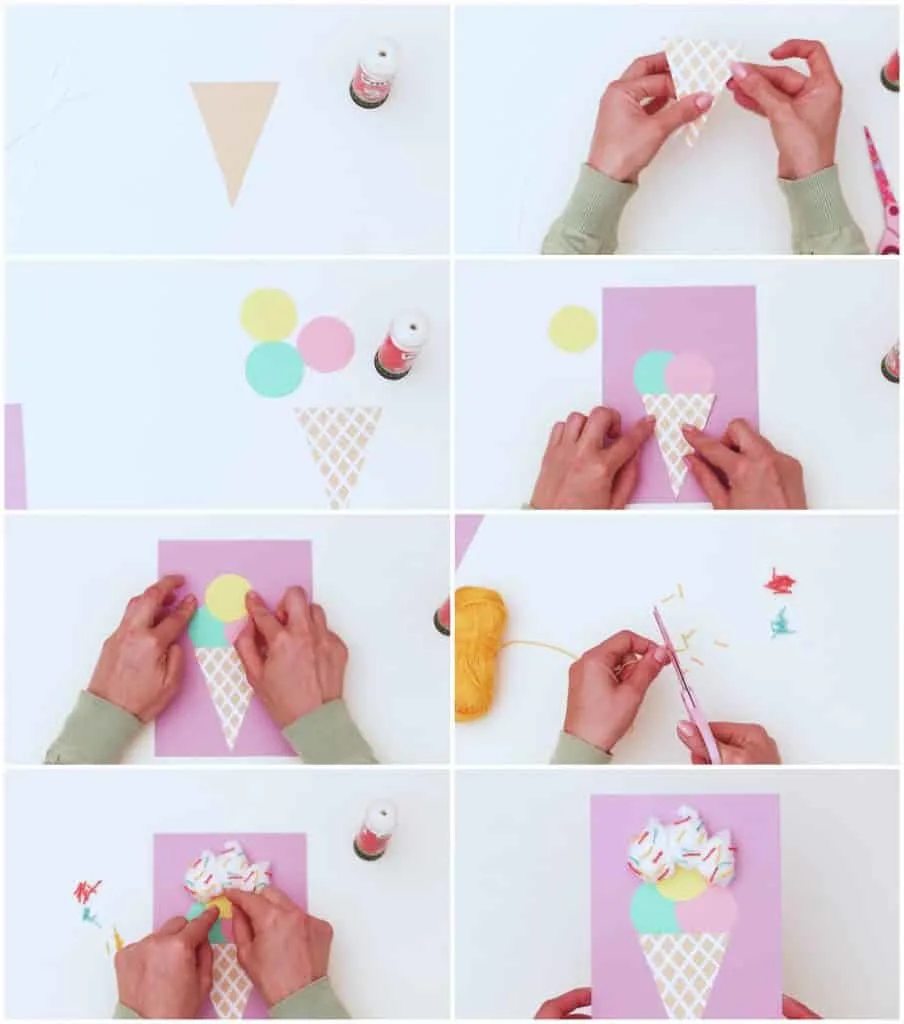 process steps to make cotton ball ice cream craft with paper scoops and cones