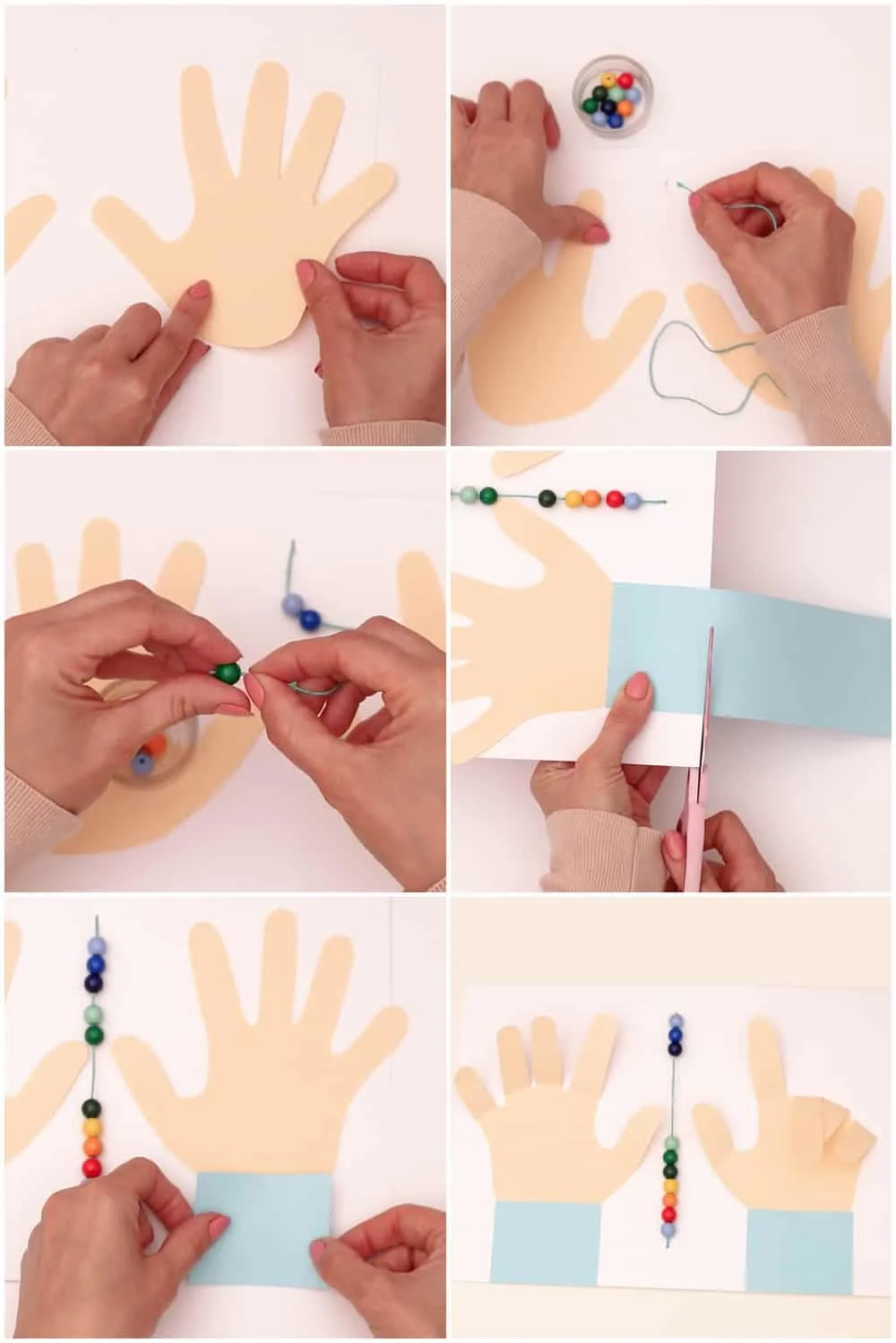 Process to make early number and math learning with paper hands cut out and counting beads 