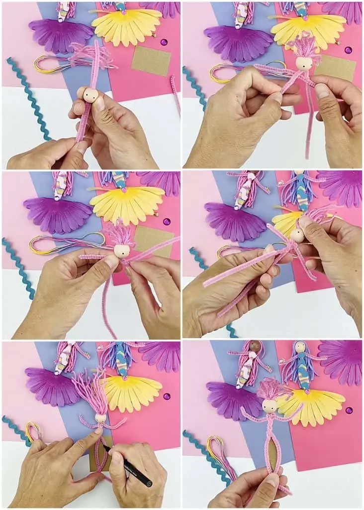 diy mermaid dolls made with pipe cleaners, flowers, yarns and ribbon