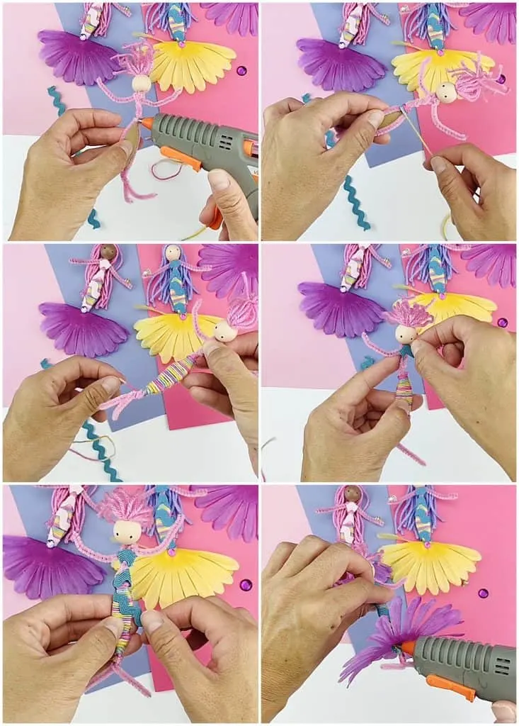 diy mermaid dolls made with pipe cleaners, flowers, yarns and ribbon