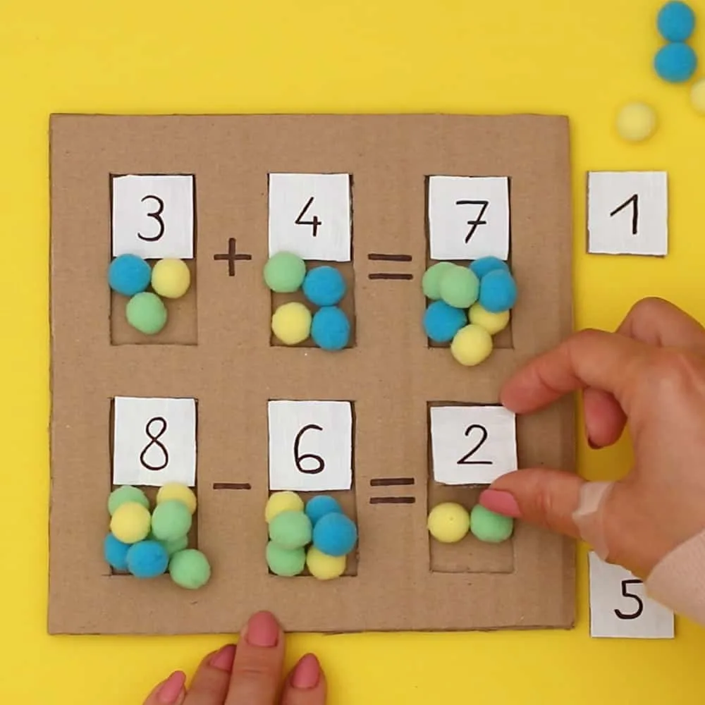 cardboard math puzzle with pom poms for early kids math learning 