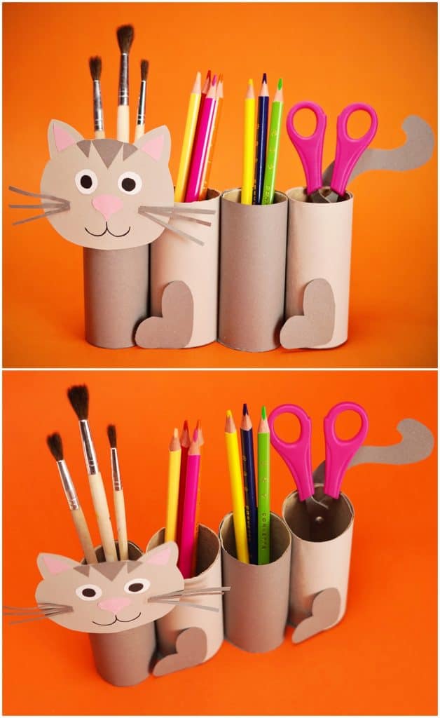 paper roll cat craft to function as a pencil holder great back to school craft for kids