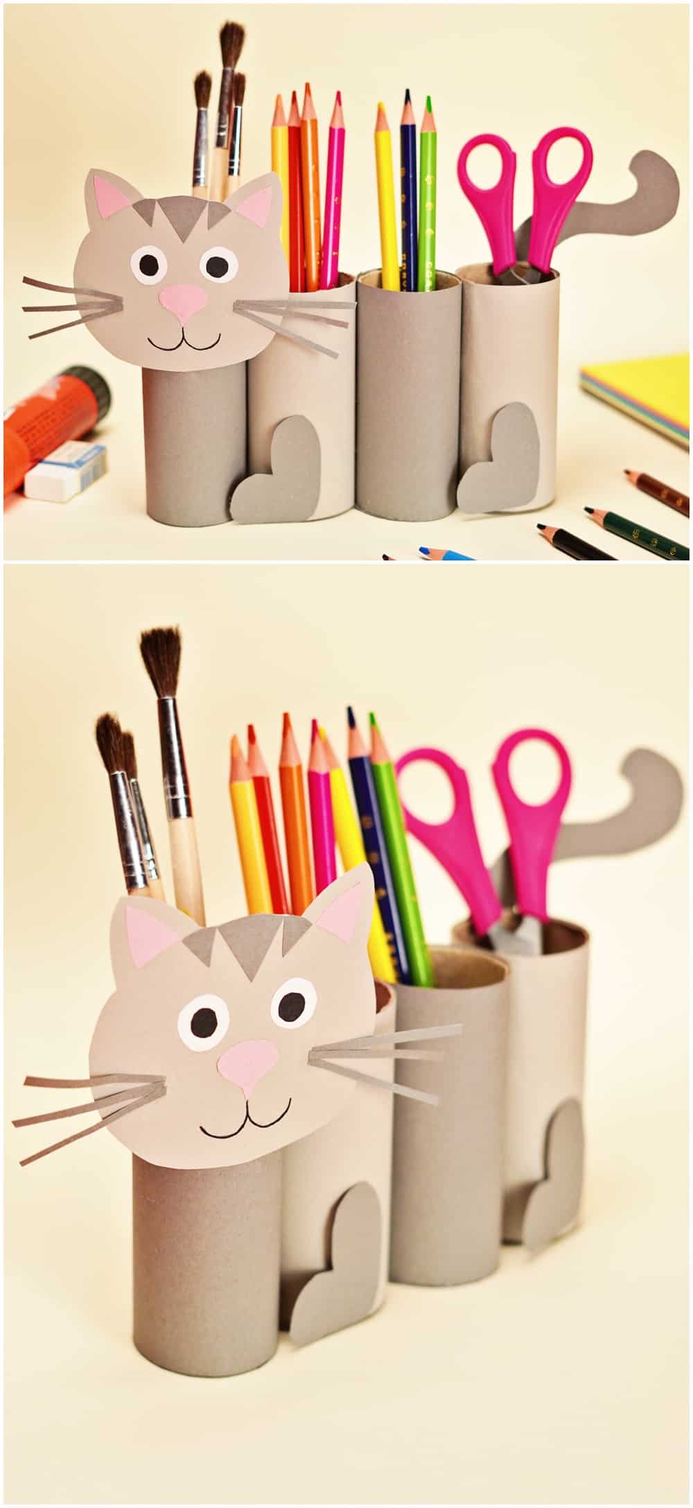 paper roll cat craft to function as a pencil holder great back to school craft for kids