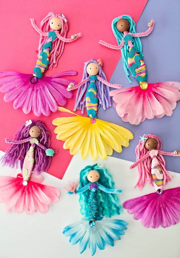 pipe cleaner mermaid dolls made with flowers, yarns and ribbon