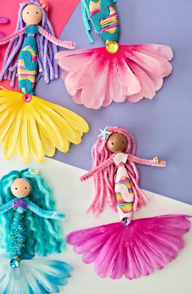 pipe cleaner mermaid dolls made with flowers, yarns and ribbon