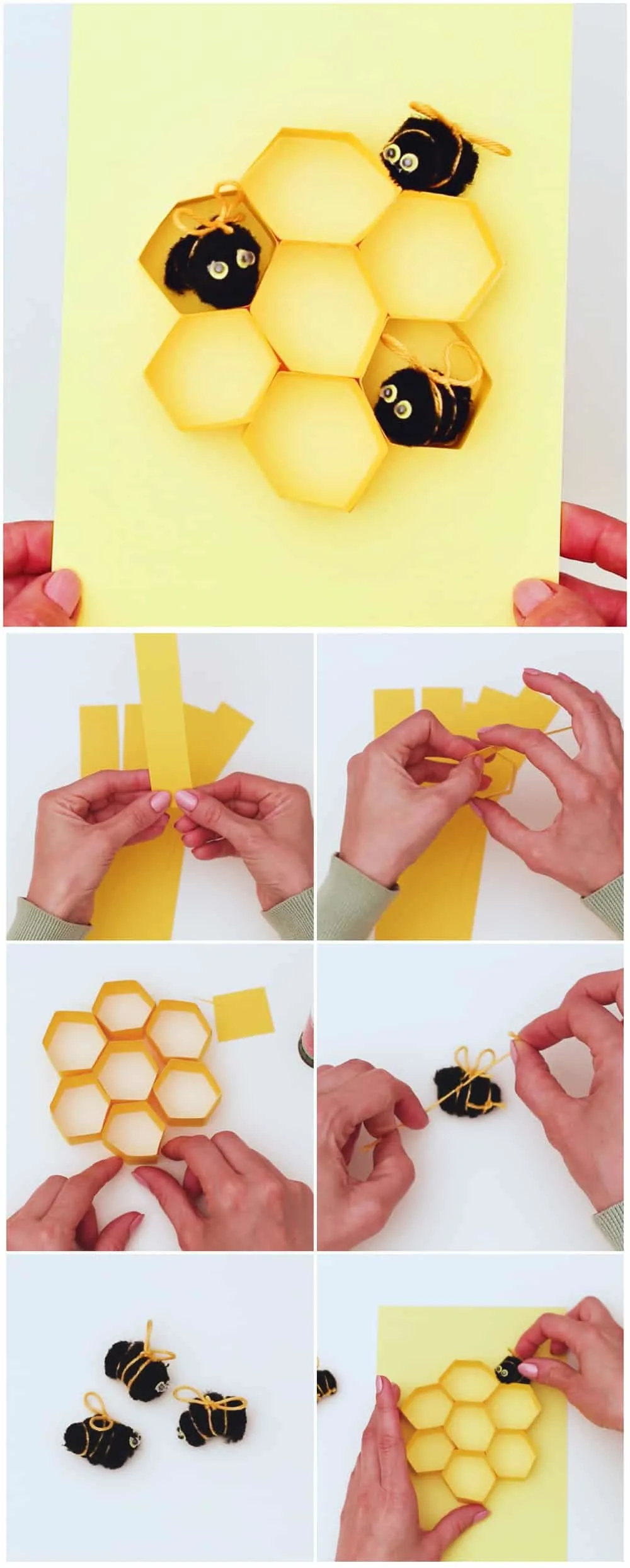 process to make a paper bee pom pom craft 