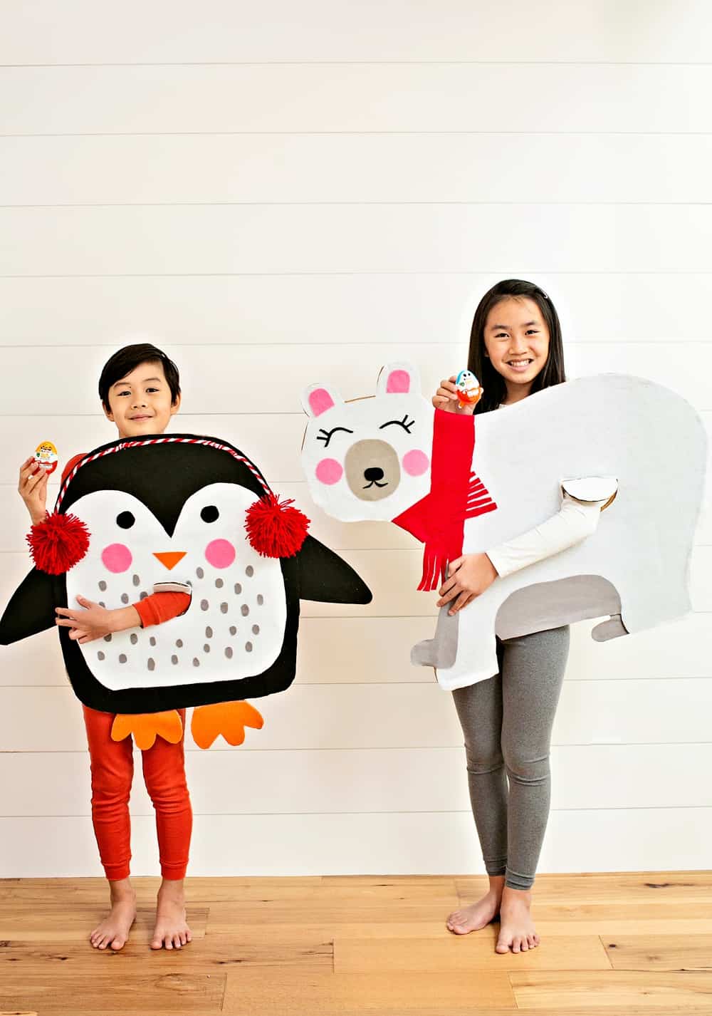 DIY CARDBOARD POLAR BEAR AND PENGUIN COSTUMES