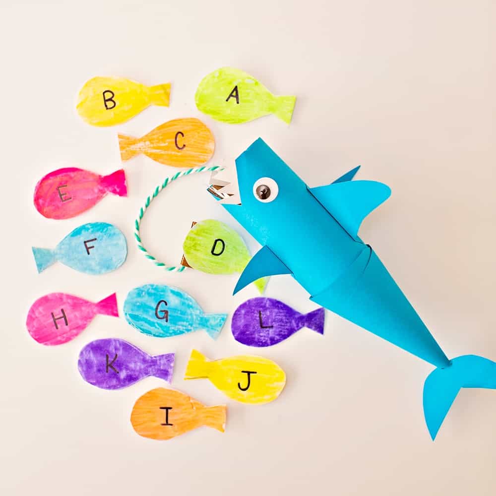 paper tube learning shark craft made with recycled milk jug 