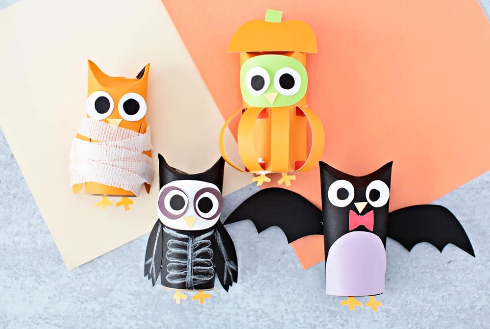 Halloween Paper Tube Owls. Paper mummy, skeleton, bat and pumpkin owl craft. 