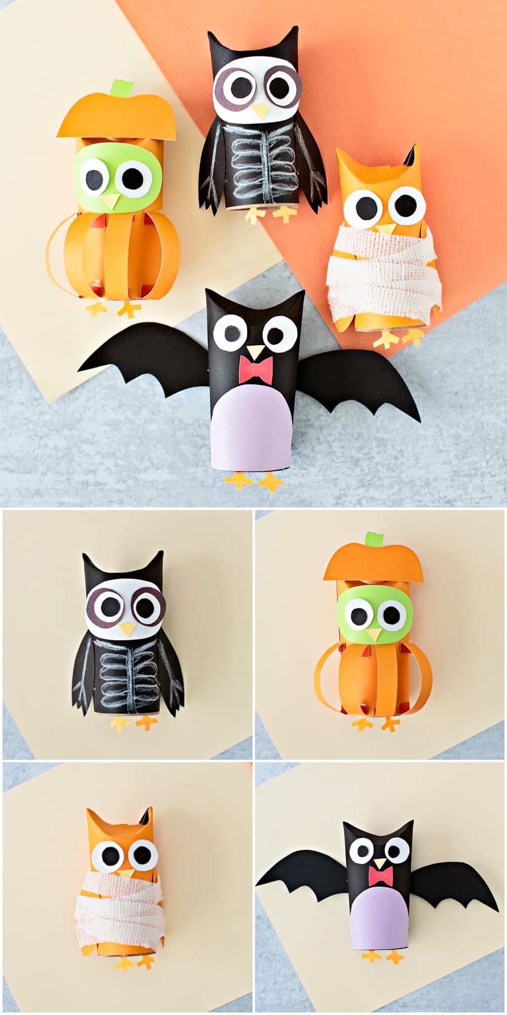 Halloween Paper Tube Owls. Paper mummy, skeleton, bat and pumpkin owl craft. 