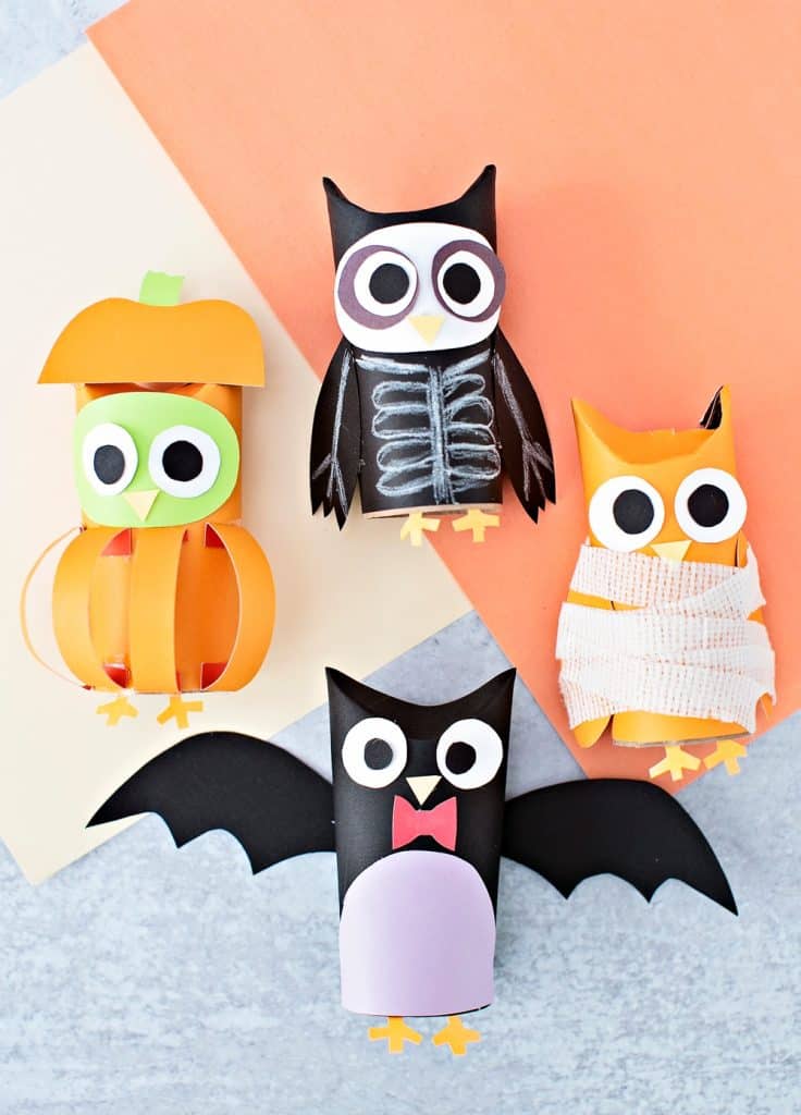 Halloween Paper Tube Owls. Paper mummy, skeleton, bat and pumpkin owl craft. 