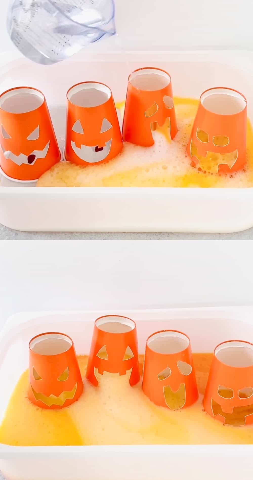 Pumpkin Baking Soda Vinegar Science Experiment. Use cups and carve out Jack O'Lantern faces to do this classic Halloween science project. 