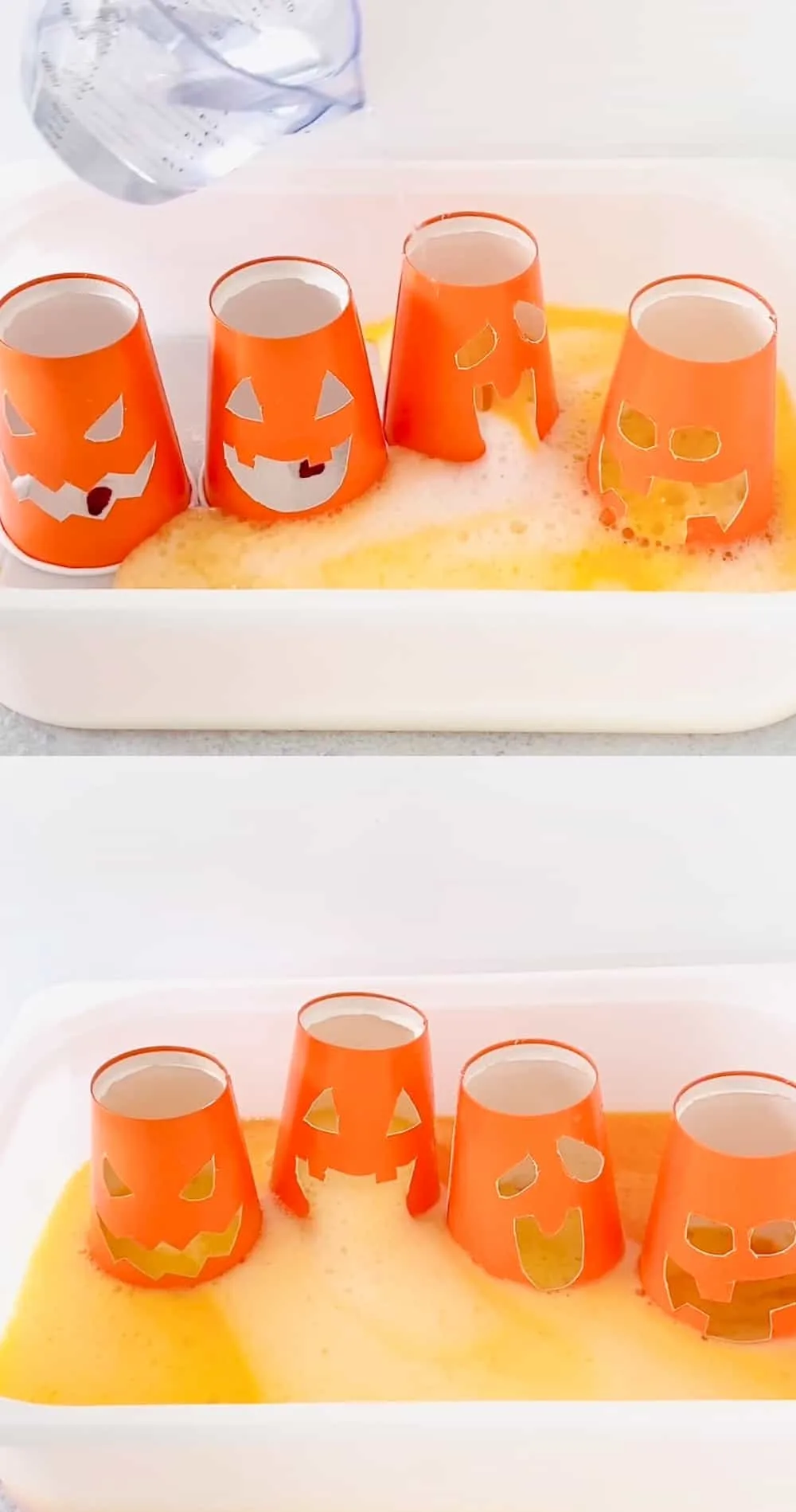 Pumpkin Baking Soda Vinegar Science Experiment. Use cups and carve out Jack O'Lantern faces to do this classic Halloween science project. 