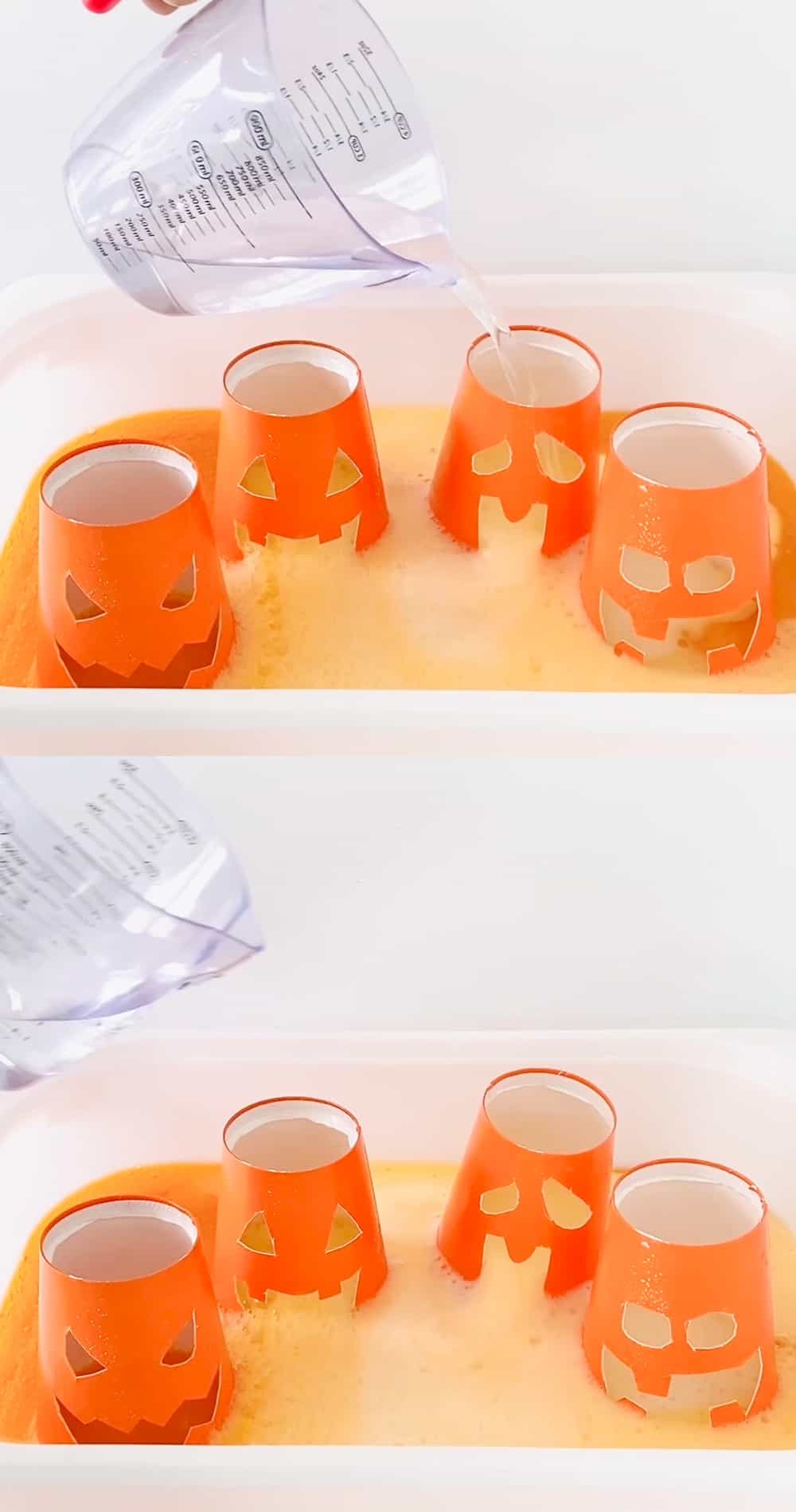 Pumpkin Baking Soda Vinegar Science Experiment. Use cups and carve out Jack O'Lantern faces to do this classic Halloween science project. 