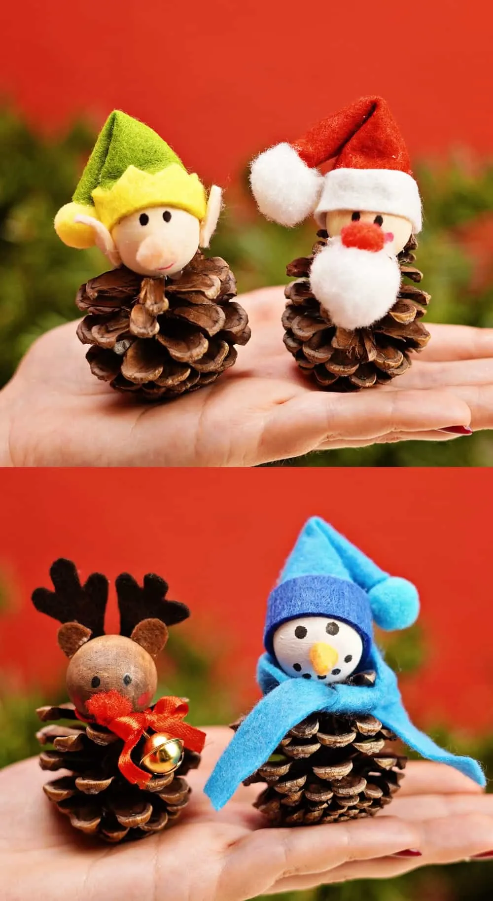 fun pinecone christmas craft of egg and Santa and reindeer and snowman 