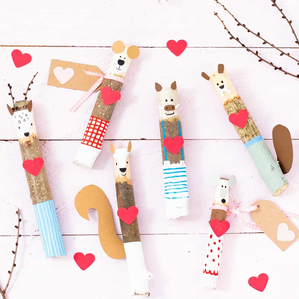 Valentine stick craft for kids. Cute nature Valentine craft. 