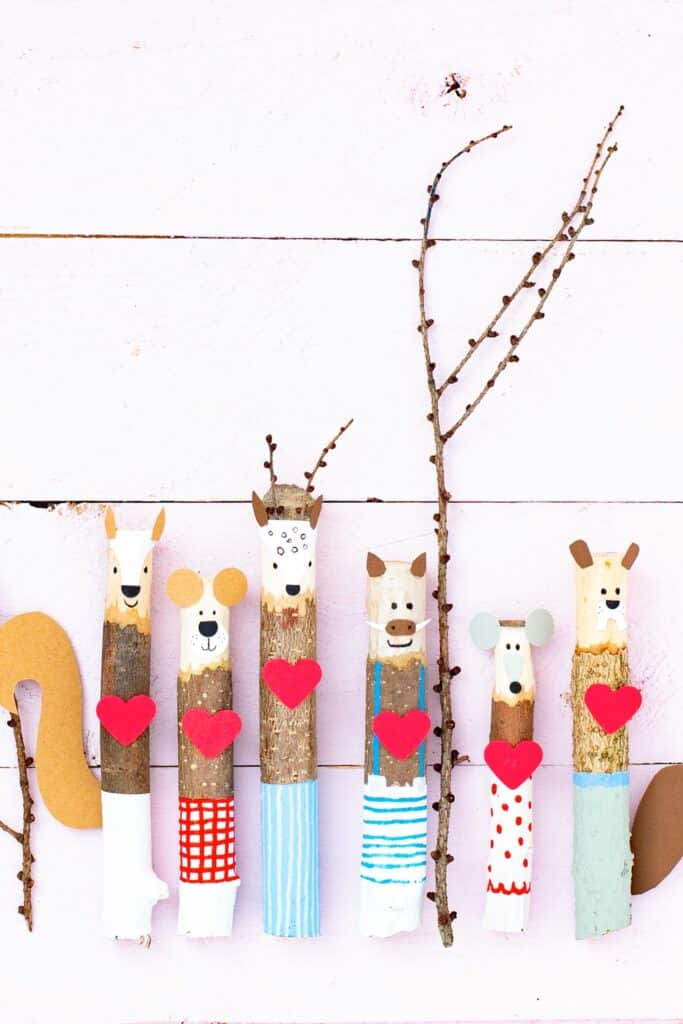 Valentine stick craft for kids. Cute nature Valentine craft. 