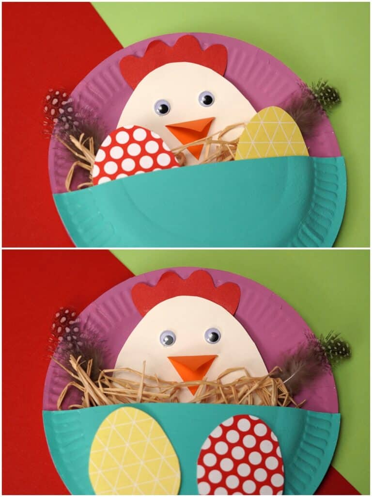 Paper Plate Easter Craft Cute mama hen and chick Easter art for kids.