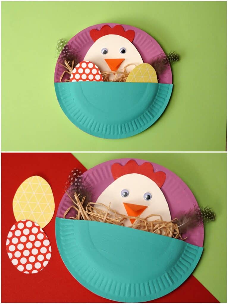 PAPER PLATE EASTER CRAFT WITH MAMA HEN AND CHICK EGGS