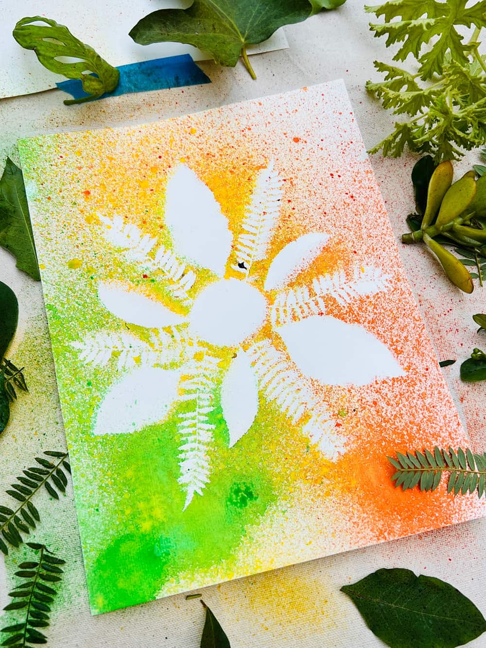 watercolor nature leaf painting with kids
