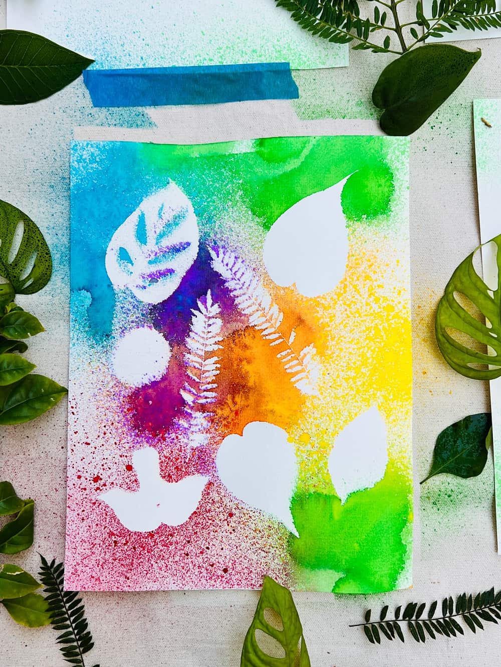 watercolor leaf painting with kids