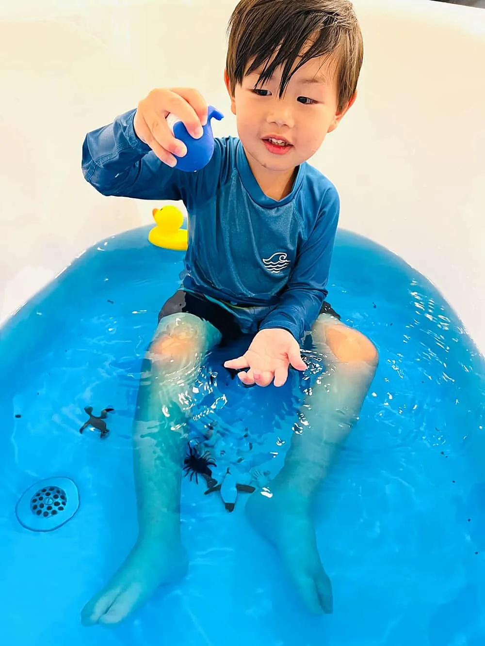 Using him again for an advert. Prefers to use this so he doesn't suffer  hypothermia from bathing, but can stay in the bath for ages with crayola  bath drops which he loves.