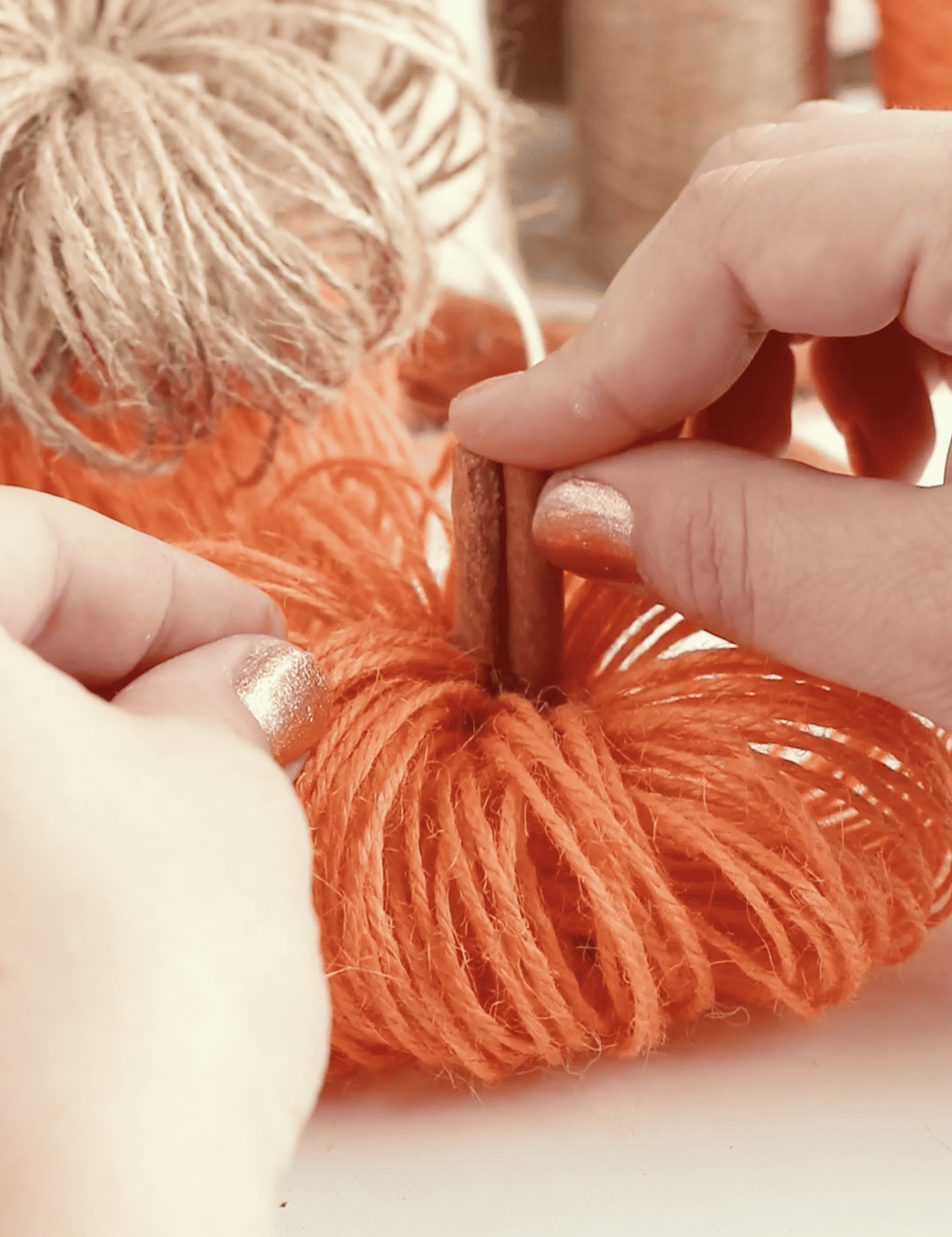 adding cinnamon stick to a twine pumpkin