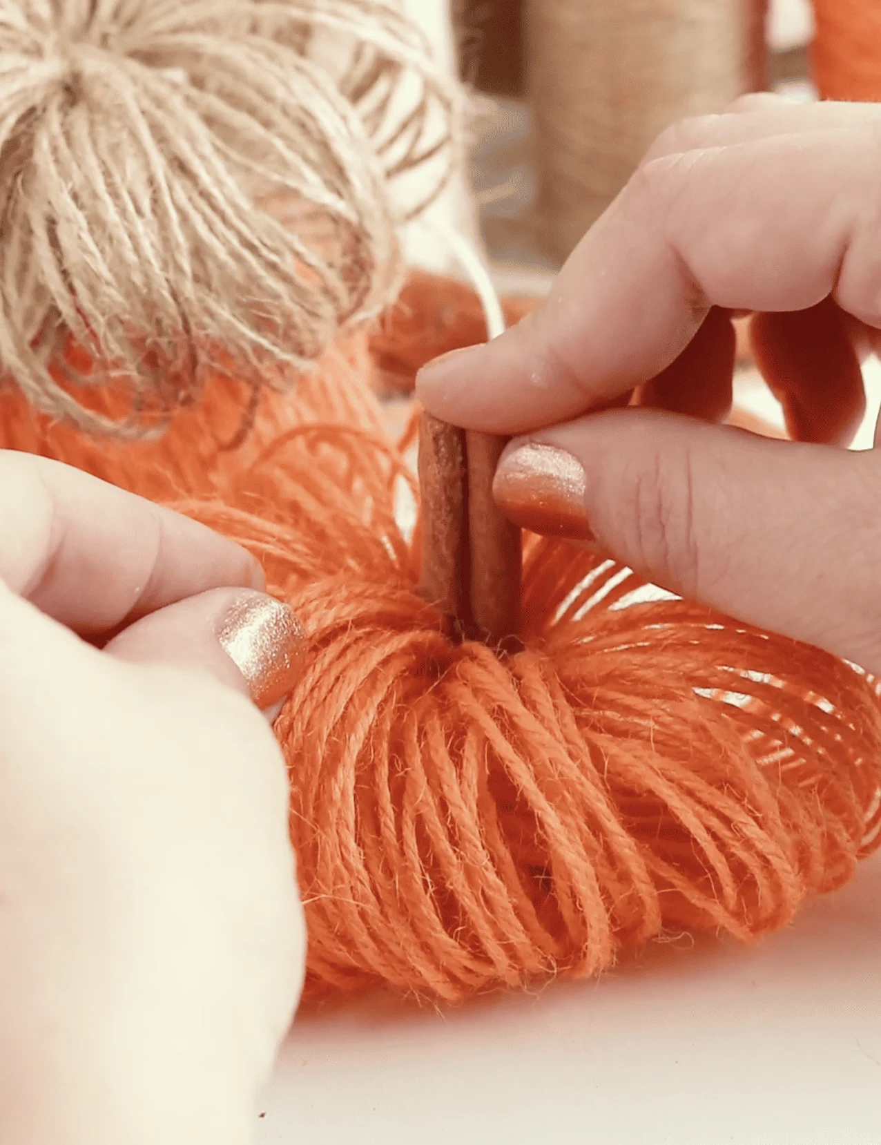 adding cinnamon stick to a twine pumpkin